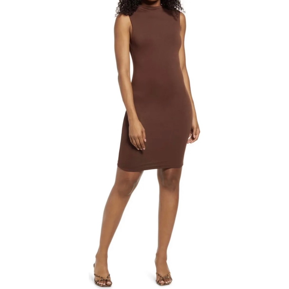 Naked Wardrobe Mock Neck Tank Bodycon Minidress - Chocolate